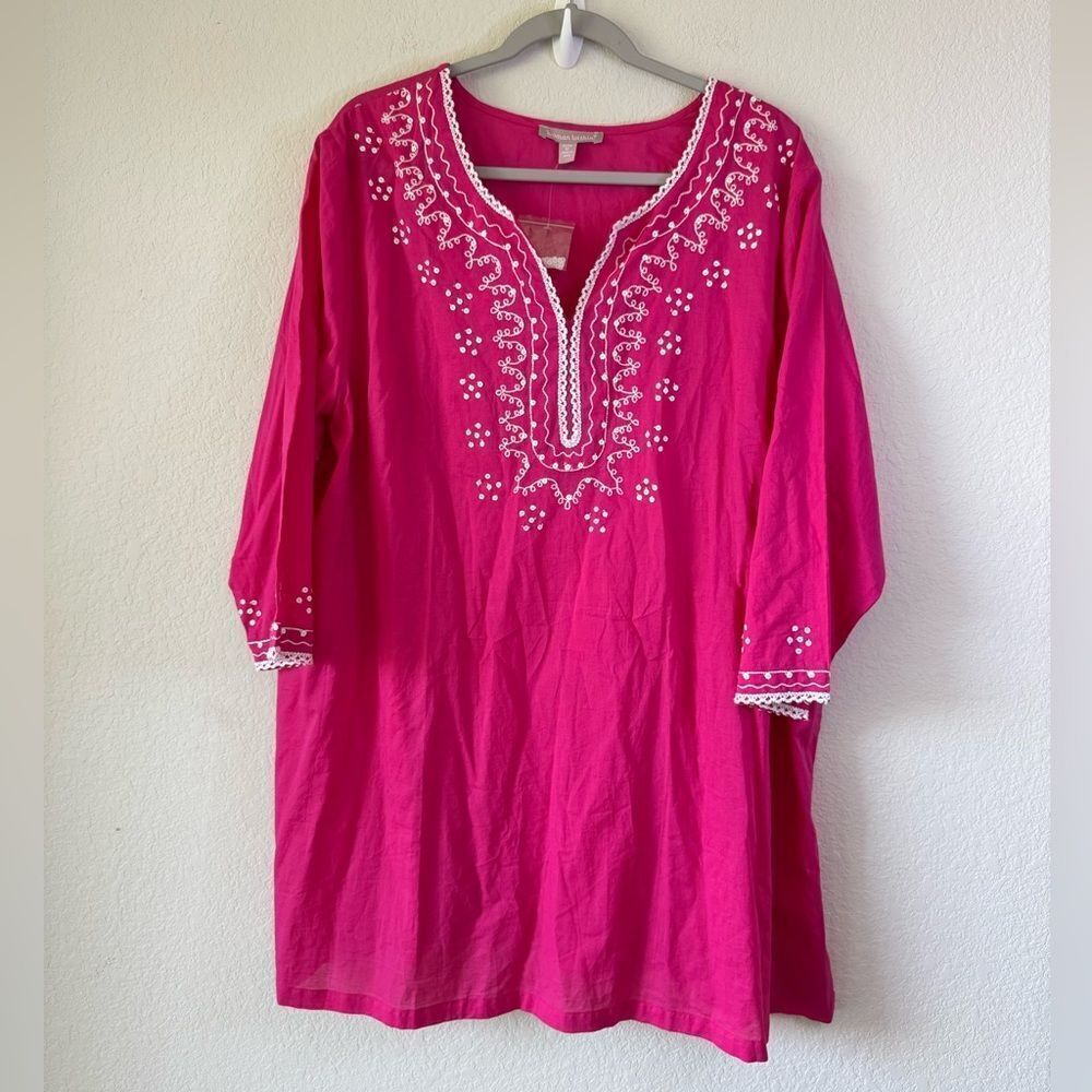 Woman Within Women’s Pink Embroidered Cotton 3/4 Sleeve Tunic Blouse Size 1X NWT
